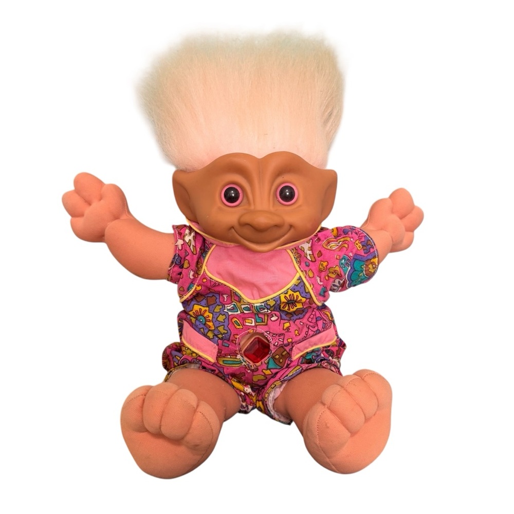 Vintage Ace Company Treasure Troll Doll With Purple Belly Jewel Pink Soft Body